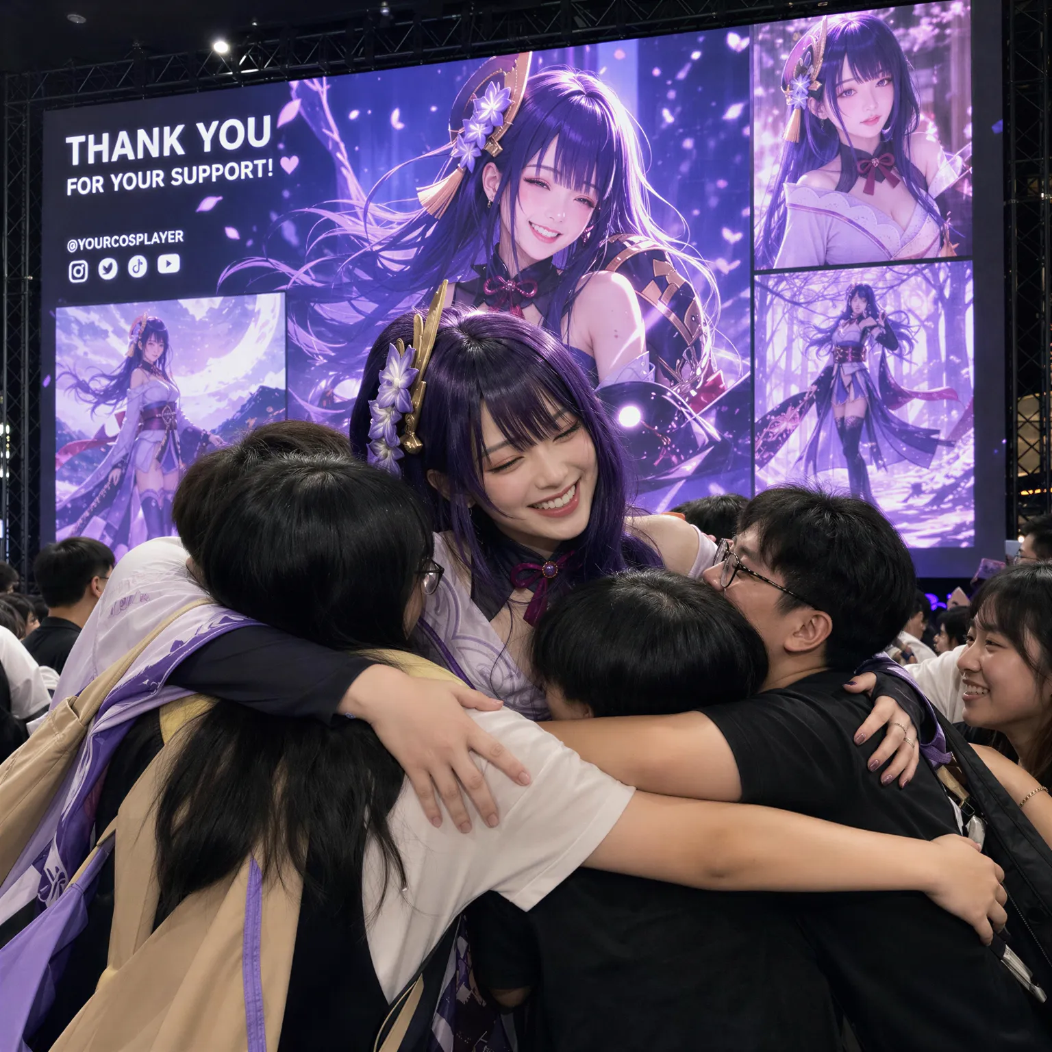 Female cosplayer hugging her friend while her digital artwork is displayed on a large screen behind them